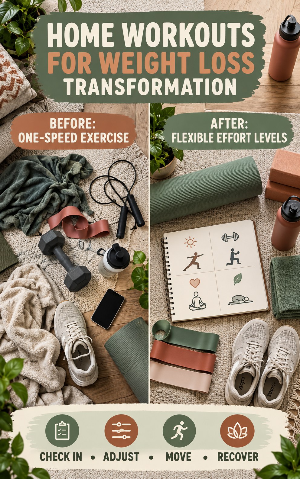 Home Workouts for Weight Loss habit transformation graphic comparing one-speed exercise with flexible effort levels using four practical steps.