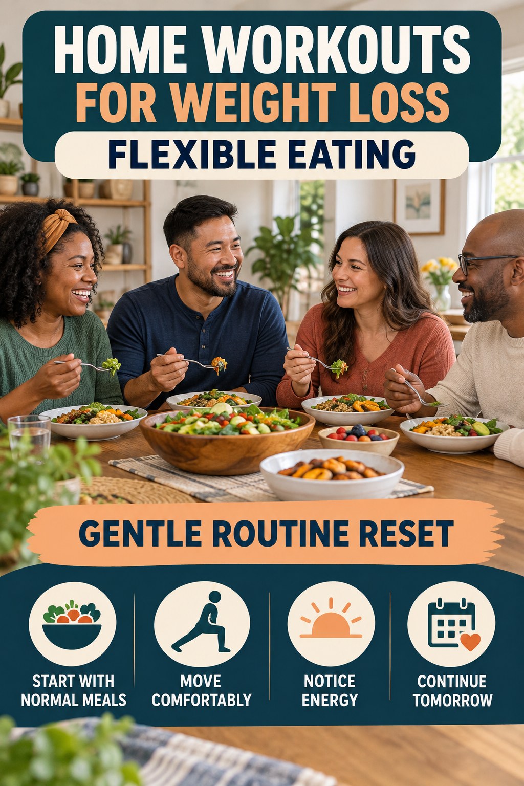 Home Workouts for Weight Loss flexible eating graphic titled Gentle Routine Reset with four practical balance prompts.