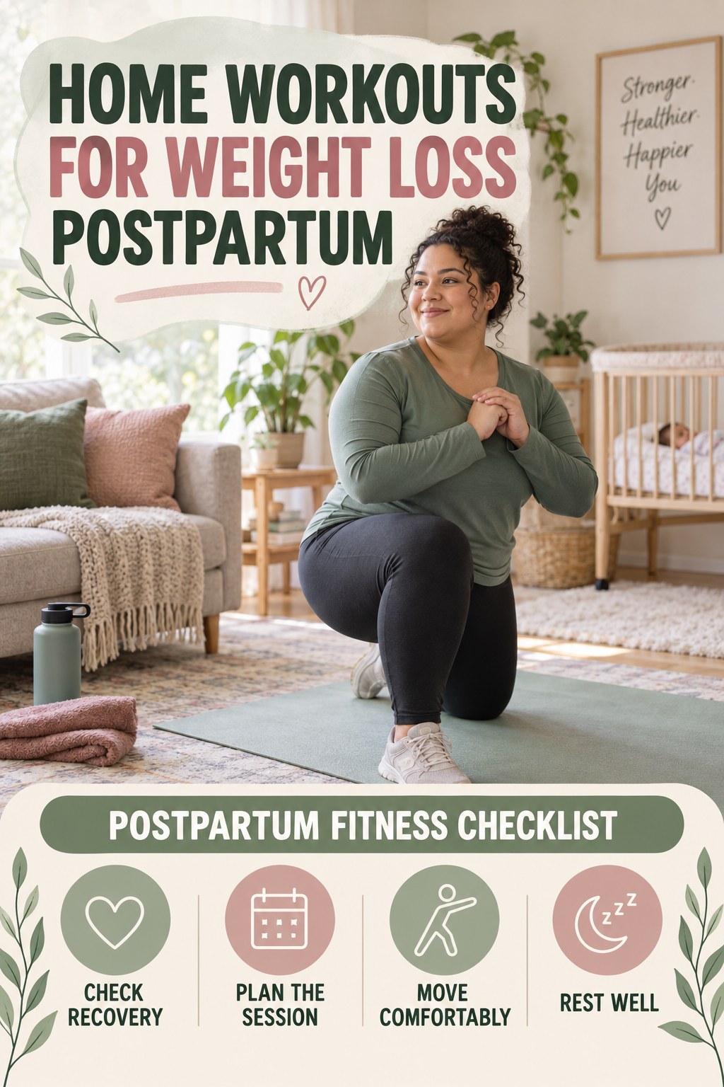 Home Workouts for Weight Loss postpartum graphic titled Postpartum Fitness Checklist with four gradual recovery-aware prompts.