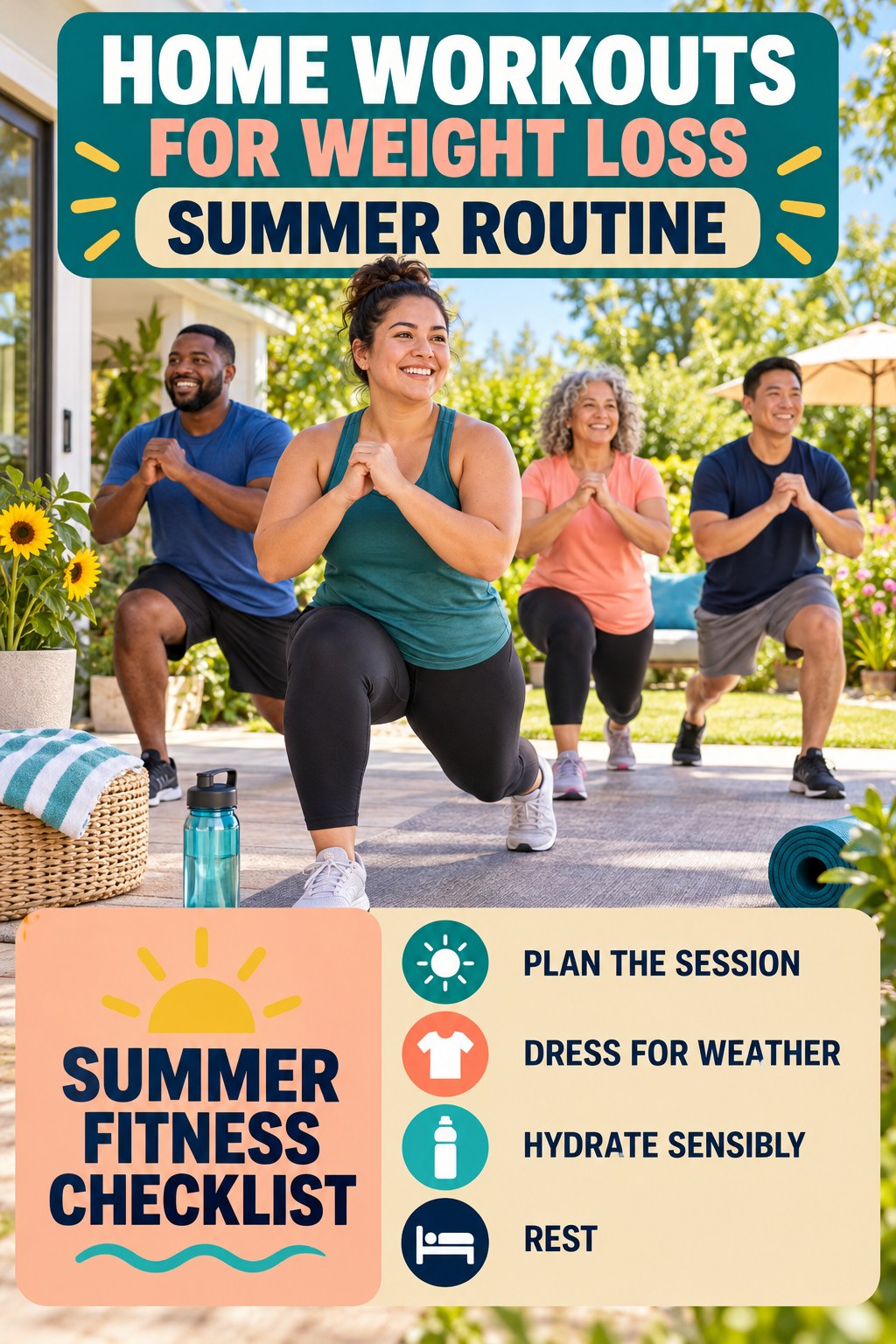Home Workouts for Weight Loss summer routine graphic titled Summer Fitness Checklist with four practical wellness prompts.