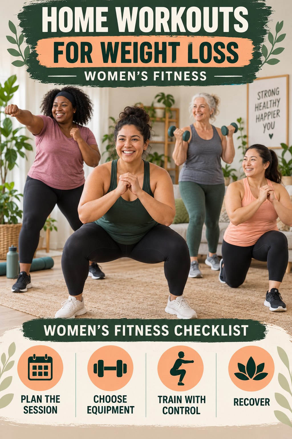 Home Workouts for Weight Loss women’s fitness graphic titled Women’s Fitness Checklist with four practical training prompts.