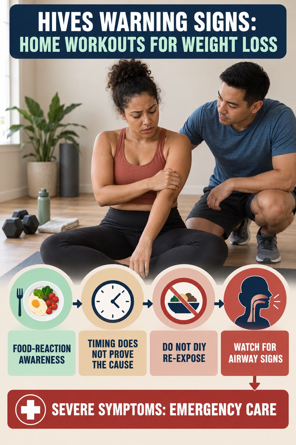 Food-Reaction Awareness infographic for Home Workouts for Weight Loss, highlighting urgent breathing, throat, swelling, fainting, and rapid-progression warning signs without diagnosing hives.