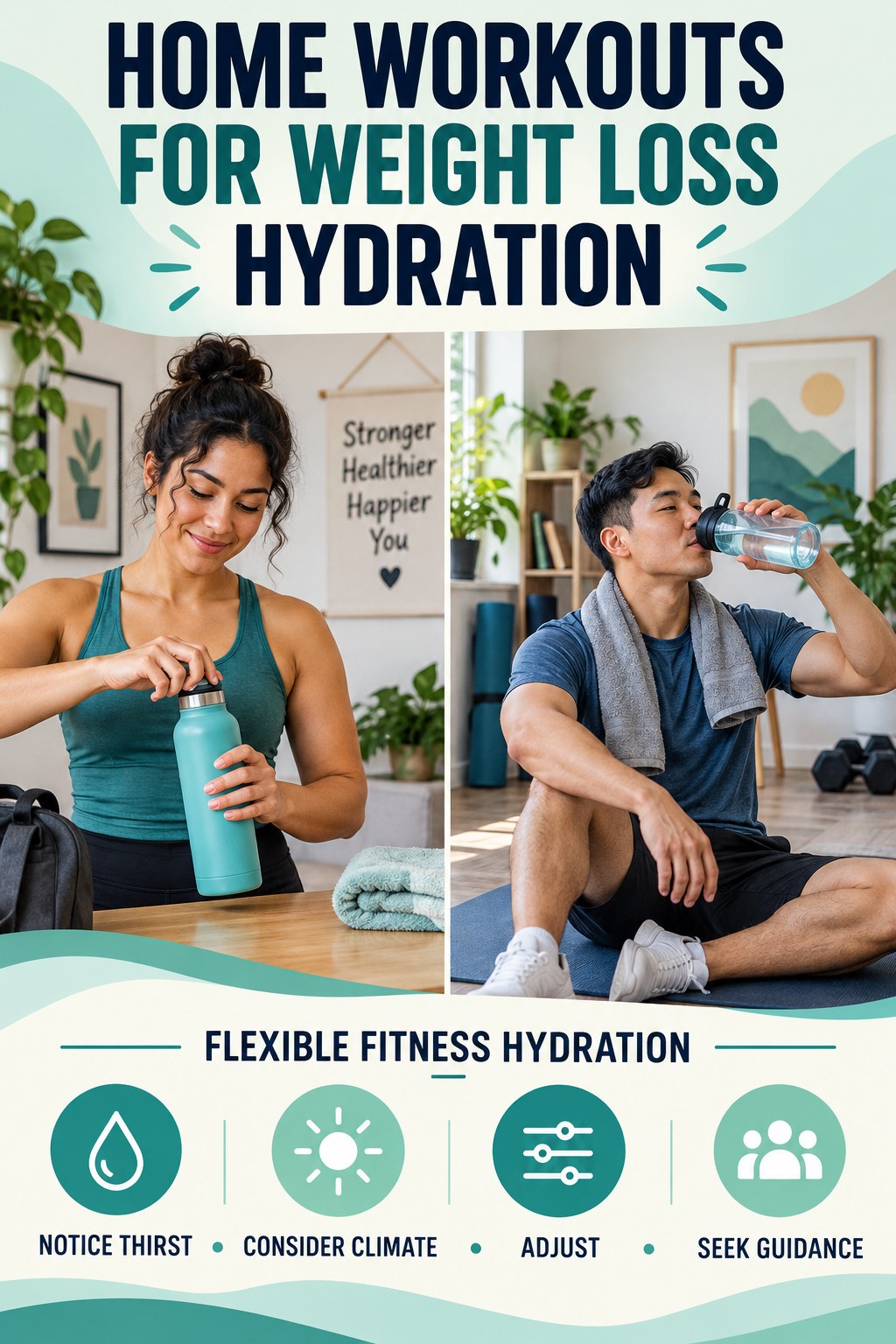 Home Workouts for Weight Loss hydration graphic titled Flexible Fitness Hydration with four flexible water-habit prompts and no fixed intake target.