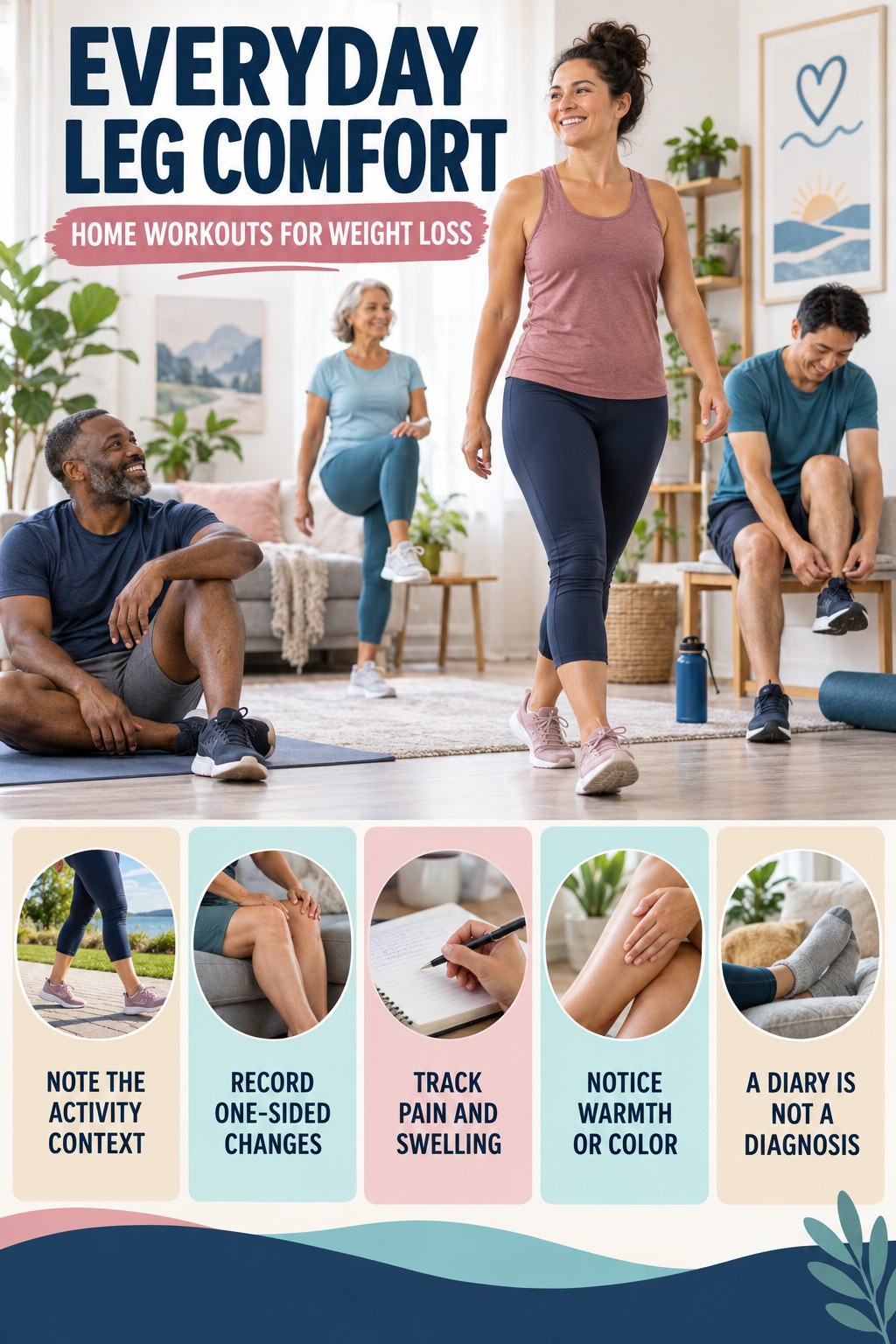 Leg Comfort Pattern Tracker infographic for Home Workouts for Weight Loss with five gentle movement, position, footwear, recovery, or safety actions.