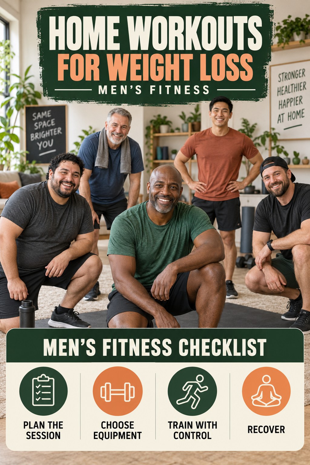 Home Workouts for Weight Loss men’s fitness graphic titled Men’s Fitness Checklist with four practical training prompts.