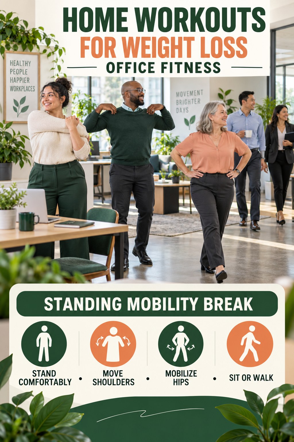 Home Workouts for Weight Loss office-fitness graphic titled Standing Mobility Break with four practical workday movement prompts.