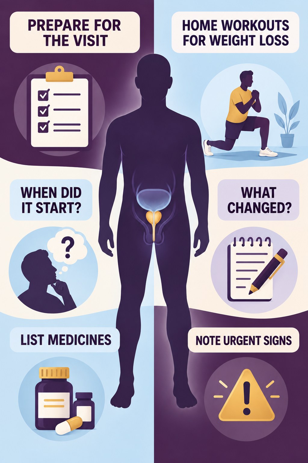 Prepare a Symptom and Medication Summary infographic for Home Workouts for Weight Loss with four concise prostate-health awareness points.