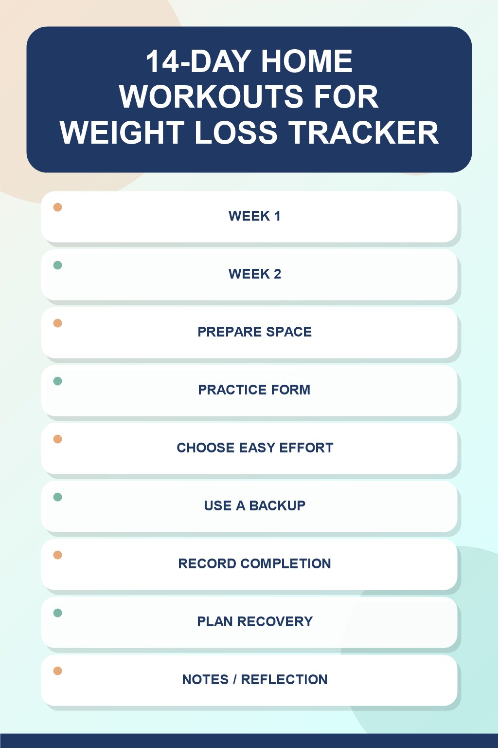 14-Day Home Workouts for Weight Loss printable-style tracker graphic with six labeled rows, empty checkboxes, and a reflection area.