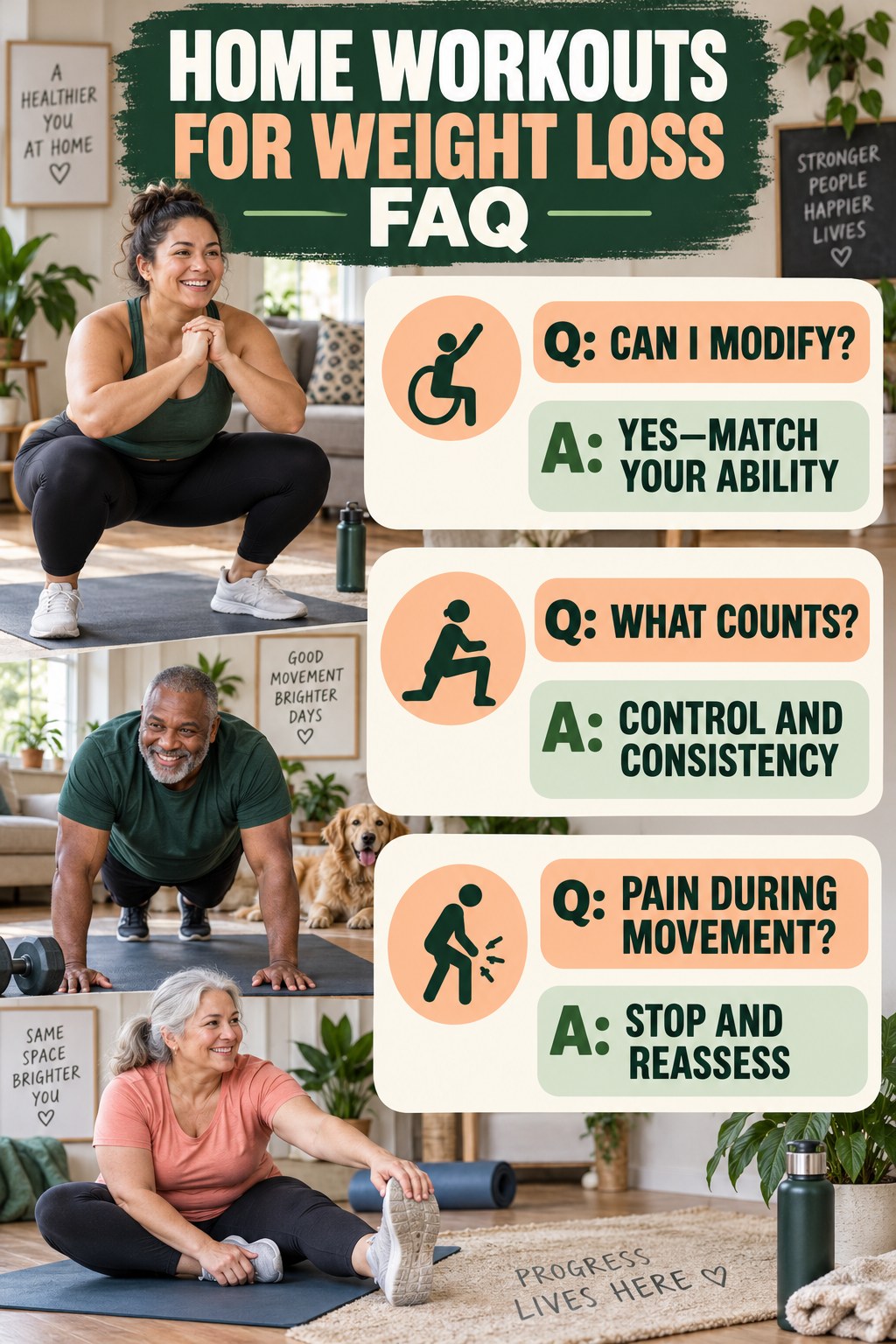 Home Workouts for Weight Loss FAQ graphic with three concise questions and practical answers for beginners.