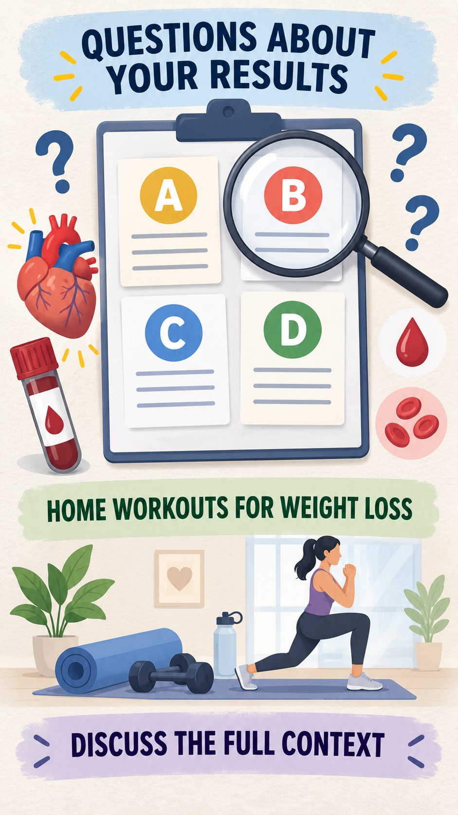 Questions for Your Clinician infographic for Home Workouts for Weight Loss, using a non-numerical educational lipid-panel layout with question and context icons.
