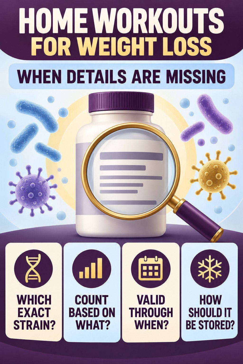 Questions to Ask About an Incomplete Label infographic for Home Workouts for Weight Loss with four concise probiotic-label reading points.