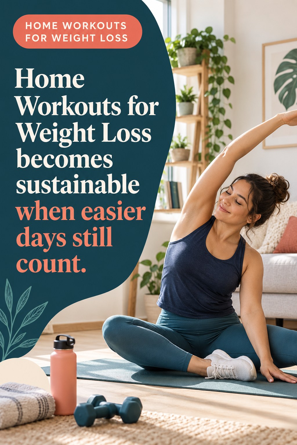 Original Home Workouts for Weight Loss quote graphic reading “Home Workouts for Weight Loss becomes sustainable when easier days still count.” in a board-relevant editorial design.