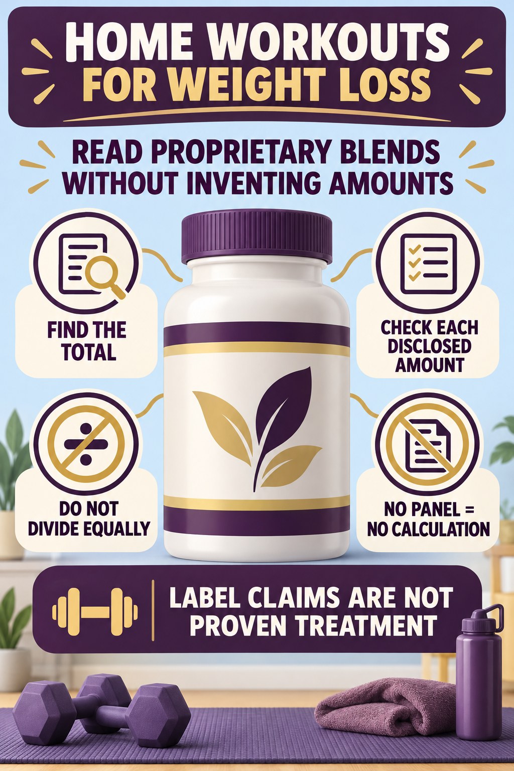 Read Proprietary Blends Without Inventing Amounts prostate supplement label-literacy infographic for Home Workouts for Weight Loss with four careful reading points.