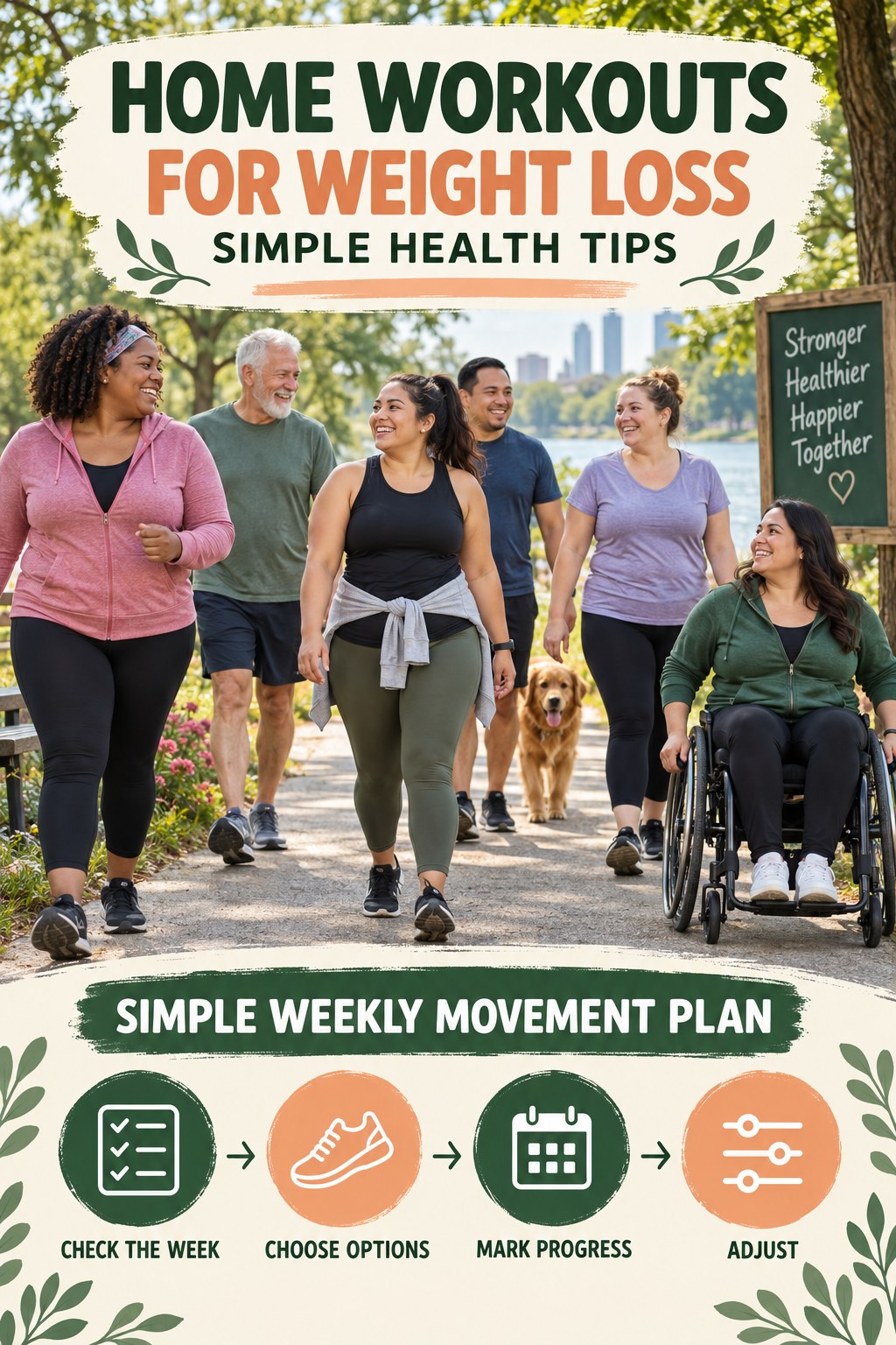 Home Workouts for Weight Loss simple-health graphic titled Simple Weekly Movement Plan with four practical wellness prompts.