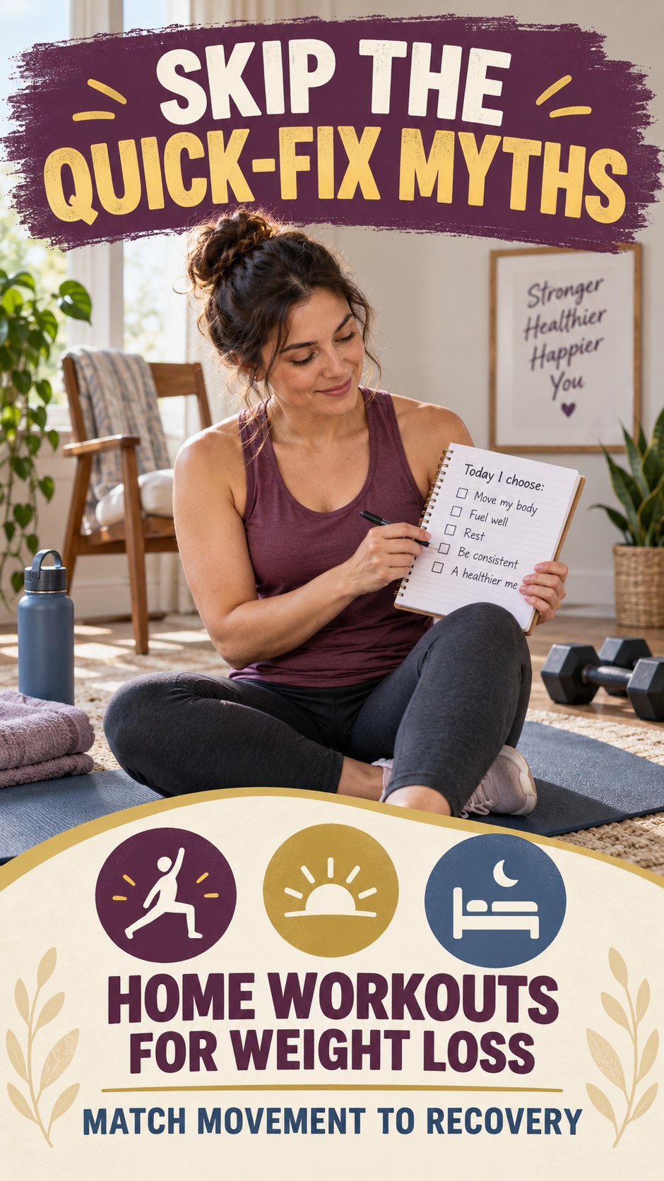 Recovery-Aware Movement infographic for Home Workouts for Weight Loss, showing practical metabolism-support habits for an active lifestyle.