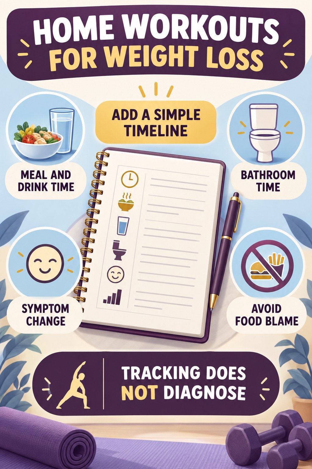 Track Symptoms During Meal Planning urinary symptom tracking infographic for Home Workouts for Weight Loss with four practical diary points and a non-diagnostic reminder.