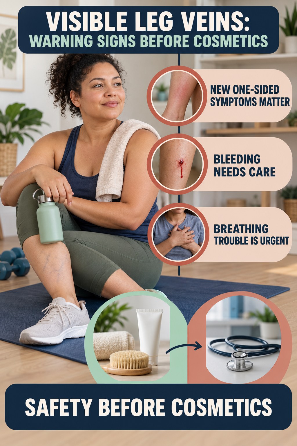 Warning Signs Before Cosmetics infographic for Home Workouts for Weight Loss, showing body-neutral visible-leg-vein appearance care and the boundary between temporary cosmetic support and treatment.