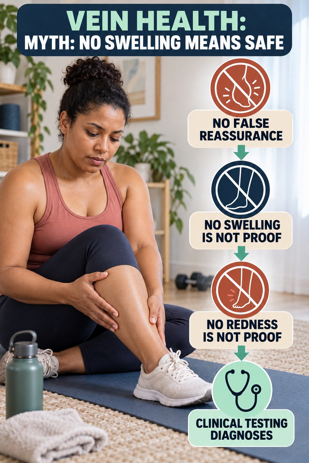 Myth: No Swelling Means Safe infographic for Home Workouts for Weight Loss, explaining vein-health warning signs and the appropriate next action without diagnosing a condition.