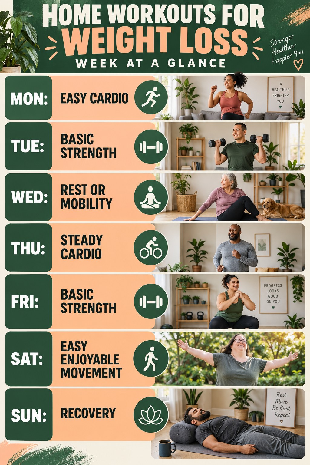 Weekly Home Workouts for Weight Loss plan graphic with concise Monday-to-Sunday actions and flexible recovery guidance.