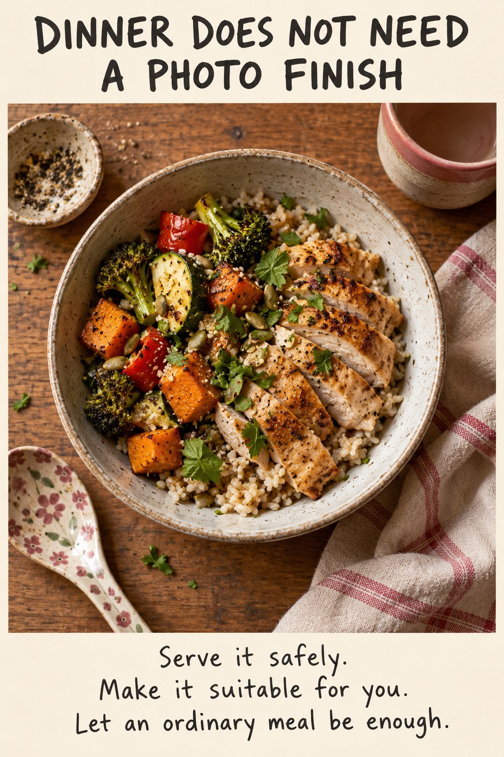 A casually served homemade grain and vegetable meal in a mismatched bowl with a spoon.