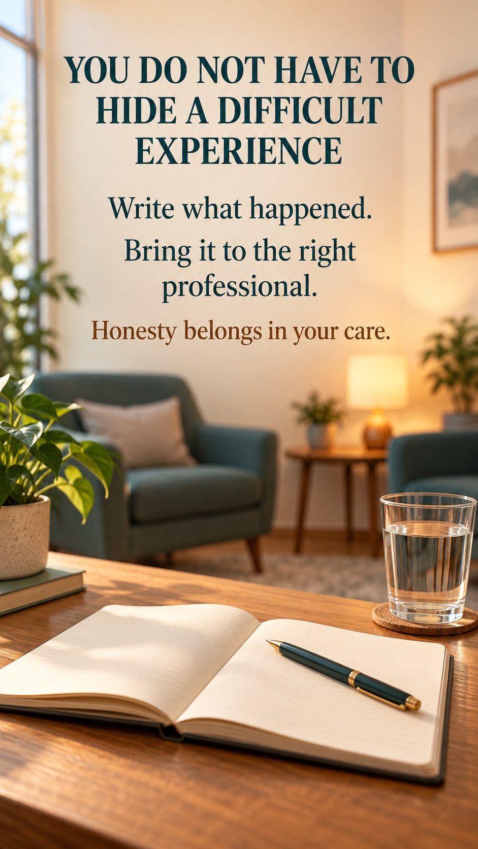 Notebook and pen beside a calm consultation setting with encouragement to speak honestly about a diet experience.