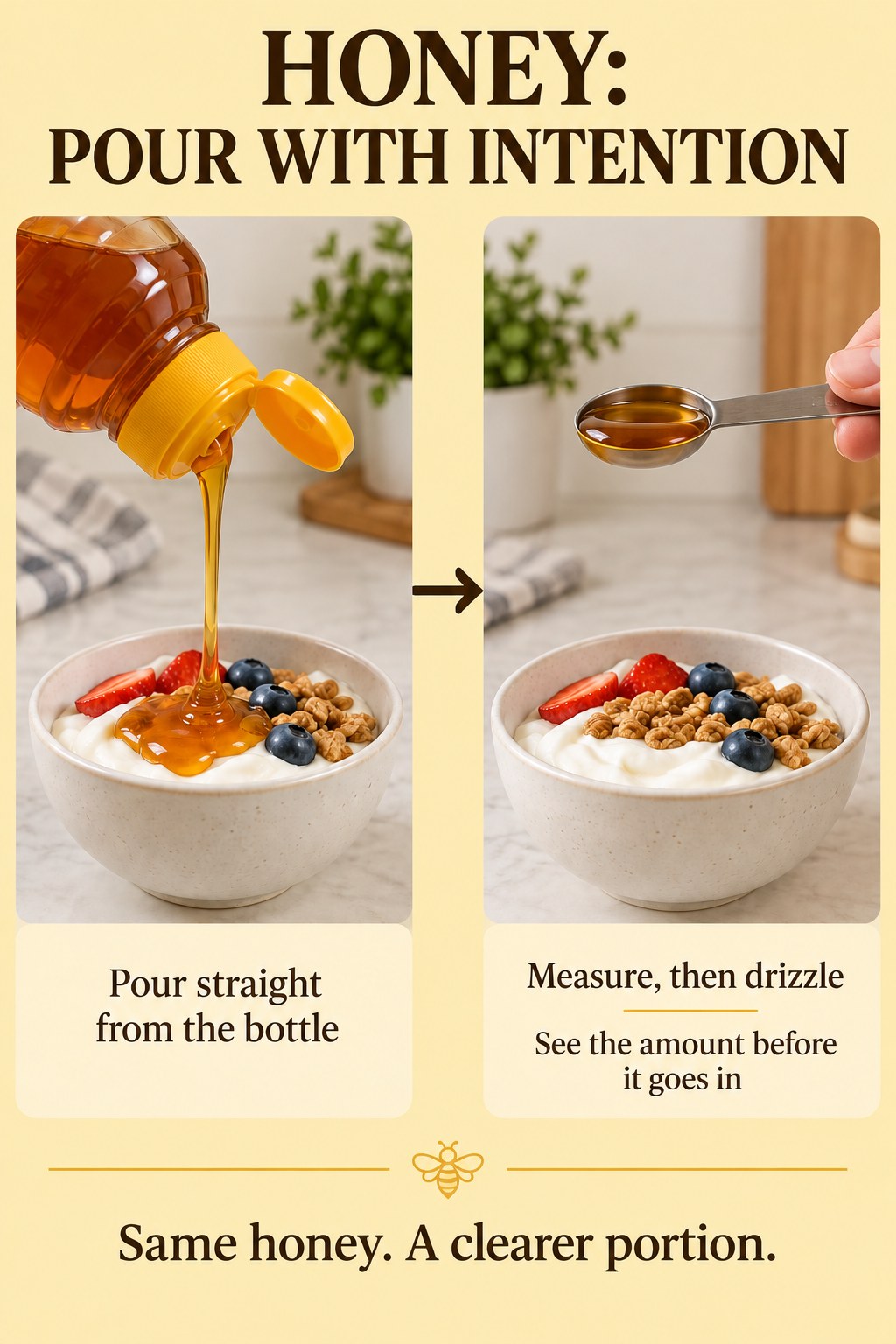 Honey poured directly onto yogurt compared with honey held in a level measuring spoon before adding it to yogurt.