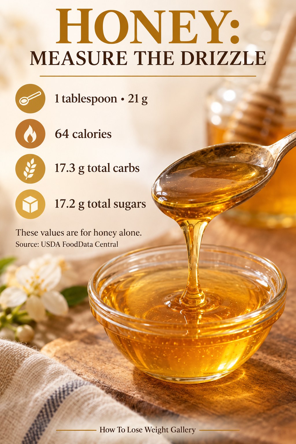 Honey nutrition card listing 64 calories, 17.3 grams total carbs, and 17.2 grams total sugars per 21-gram tablespoon.