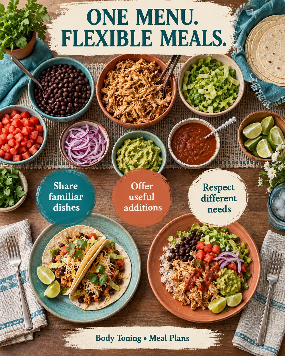 A shared taco table with beans, chicken, tortillas and vegetables offered in separate dishes.