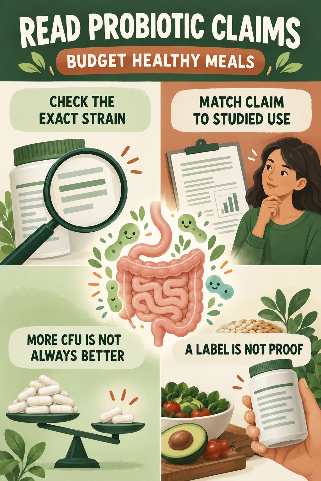 How to Read Probiotic Claims Critically educational infographic for Budget Healthy Meals with four evidence-aware points.