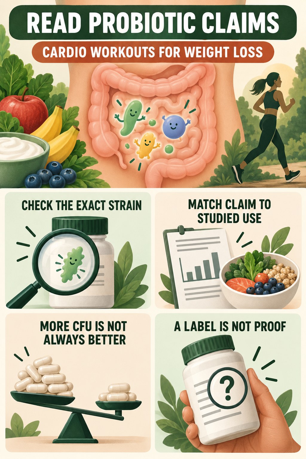 How to Read Probiotic Claims Critically educational infographic for Cardio Workouts for Weight Loss with four evidence-aware points.