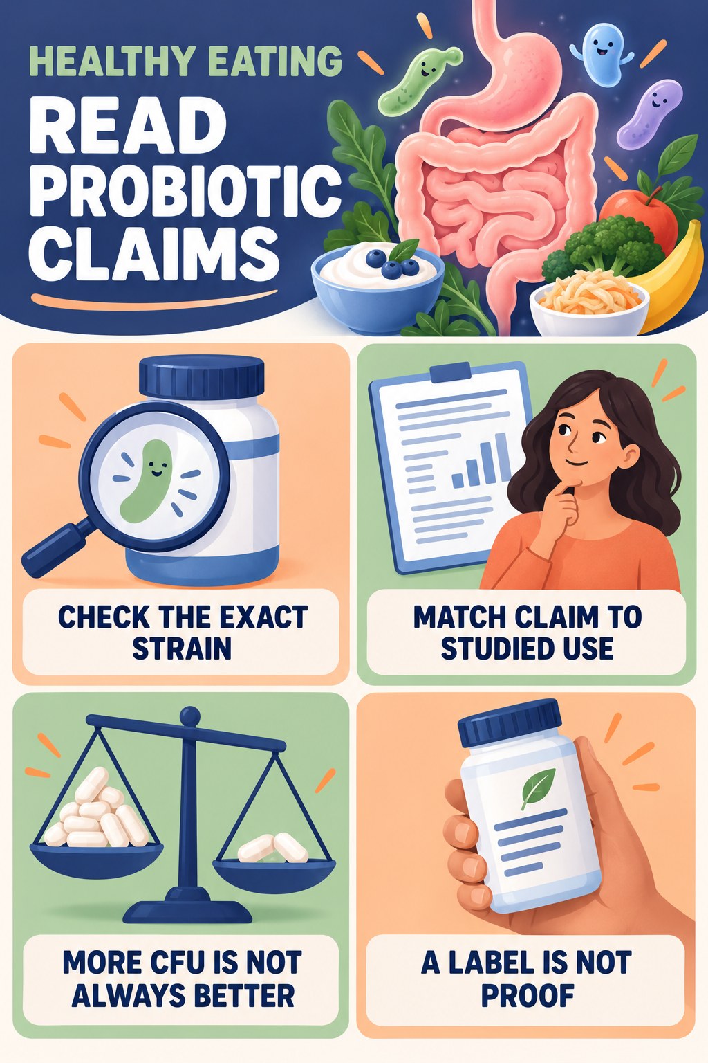 How to Read Probiotic Claims Critically educational infographic for Healthy Eating with four evidence-aware points.