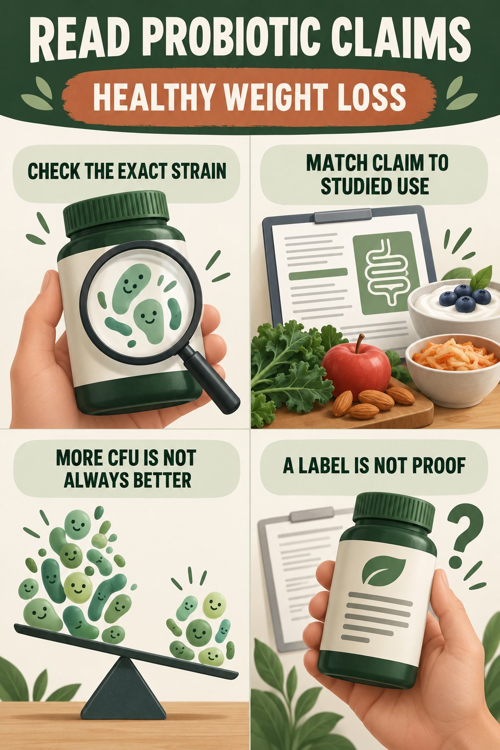 How to Read Probiotic Claims Critically educational infographic for Healthy Weight Loss with four evidence-aware points.