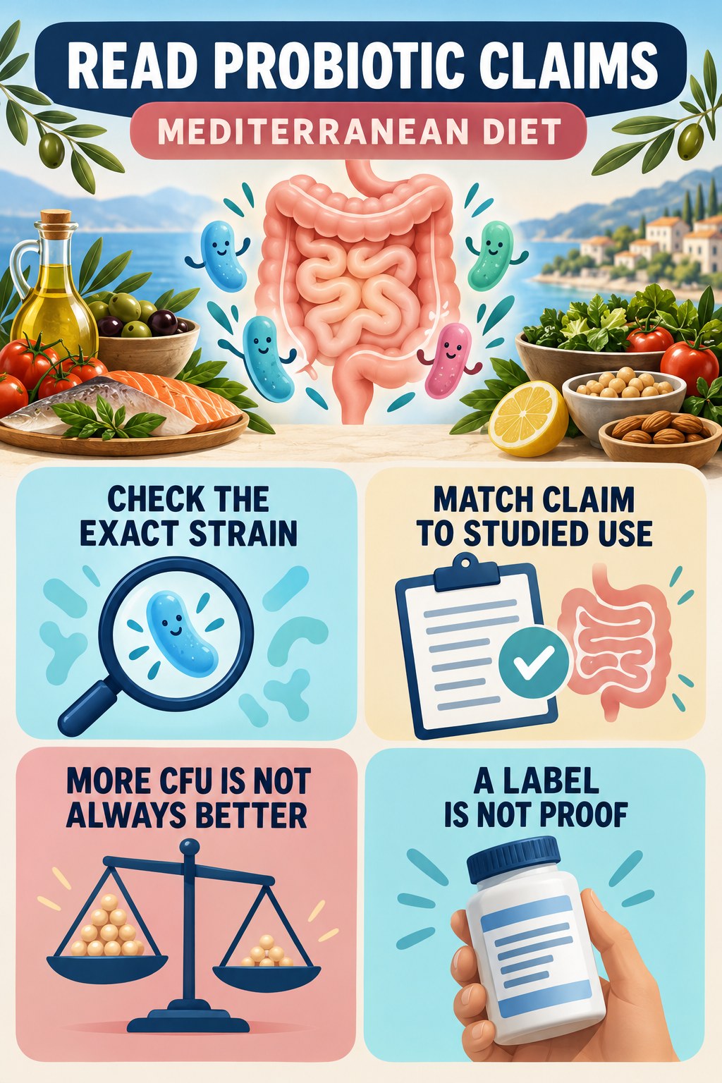 How to Read Probiotic Claims Critically educational infographic for Mediterranean Diet with four evidence-aware points.