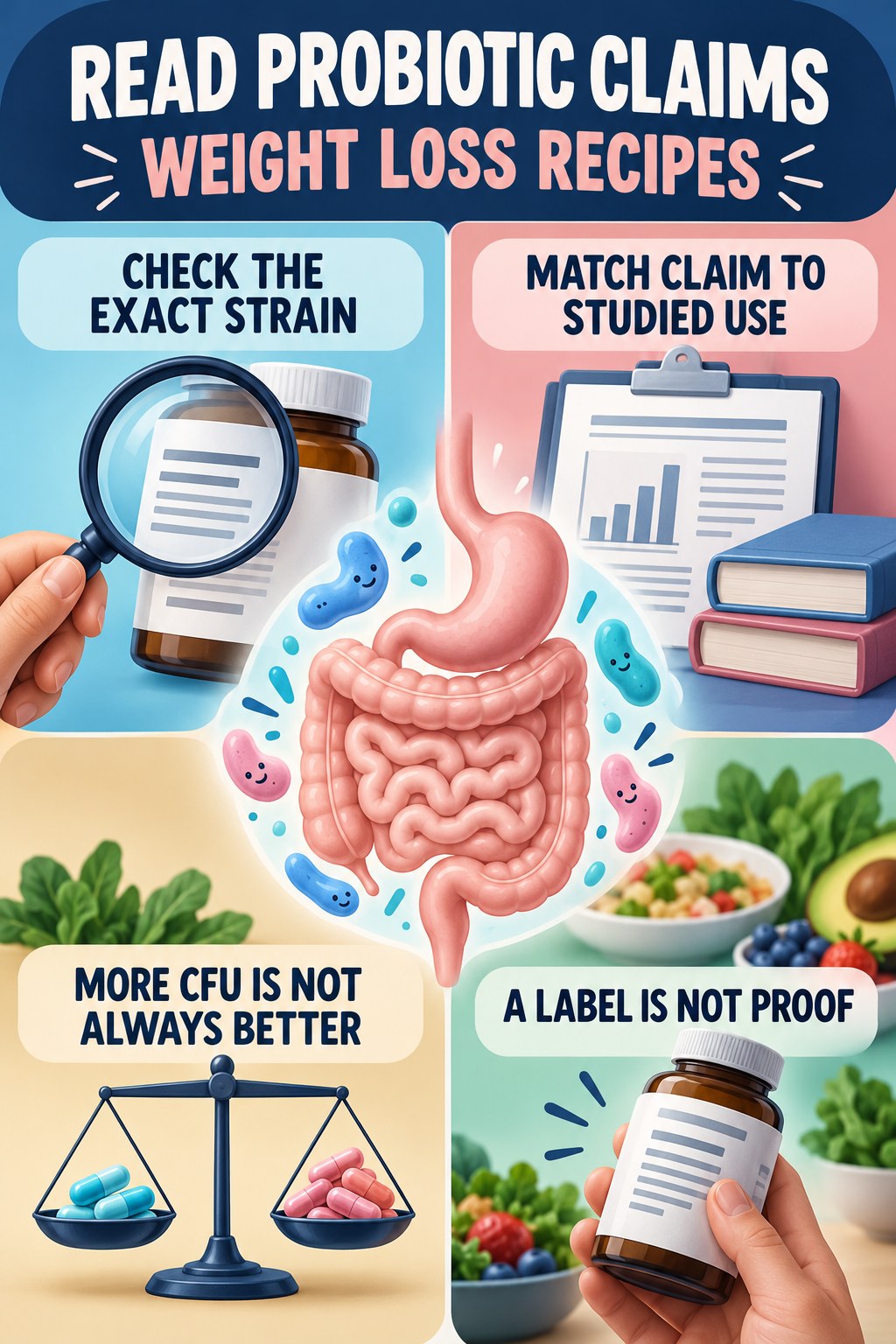 How to Read Probiotic Claims Critically educational infographic for Weight Loss Recipes with four evidence-aware points.