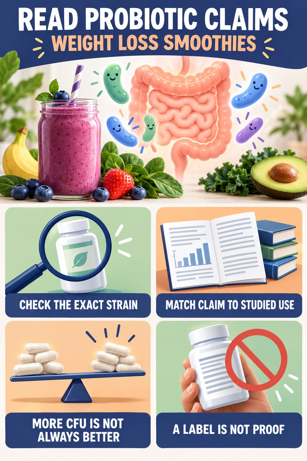 How to Read Probiotic Claims Critically educational infographic for Weight Loss Smoothies with four evidence-aware points.