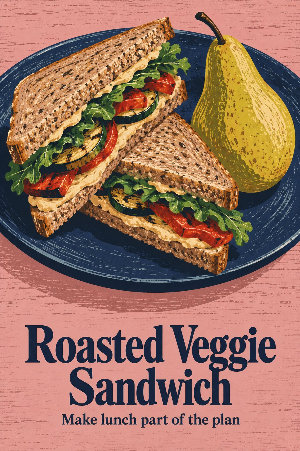 Whole-grain sandwich with hummus, roasted zucchini, peppers, and lettuce beside a pear.
