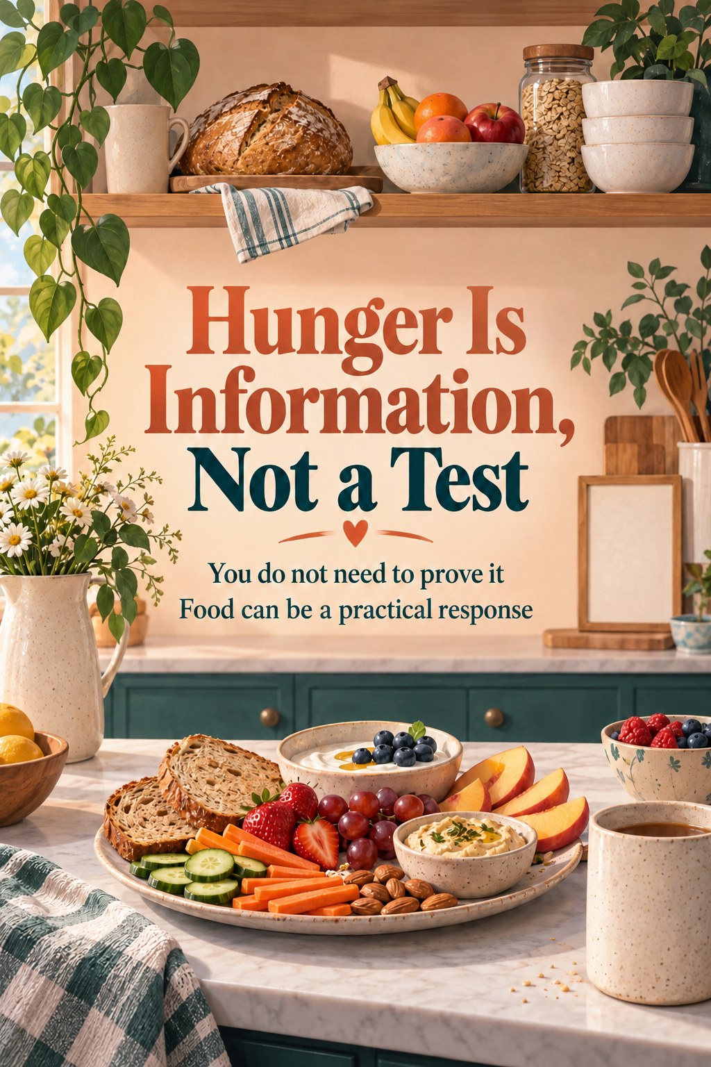 An accessible snack plate with the headline Hunger Is Information, Not a Test.