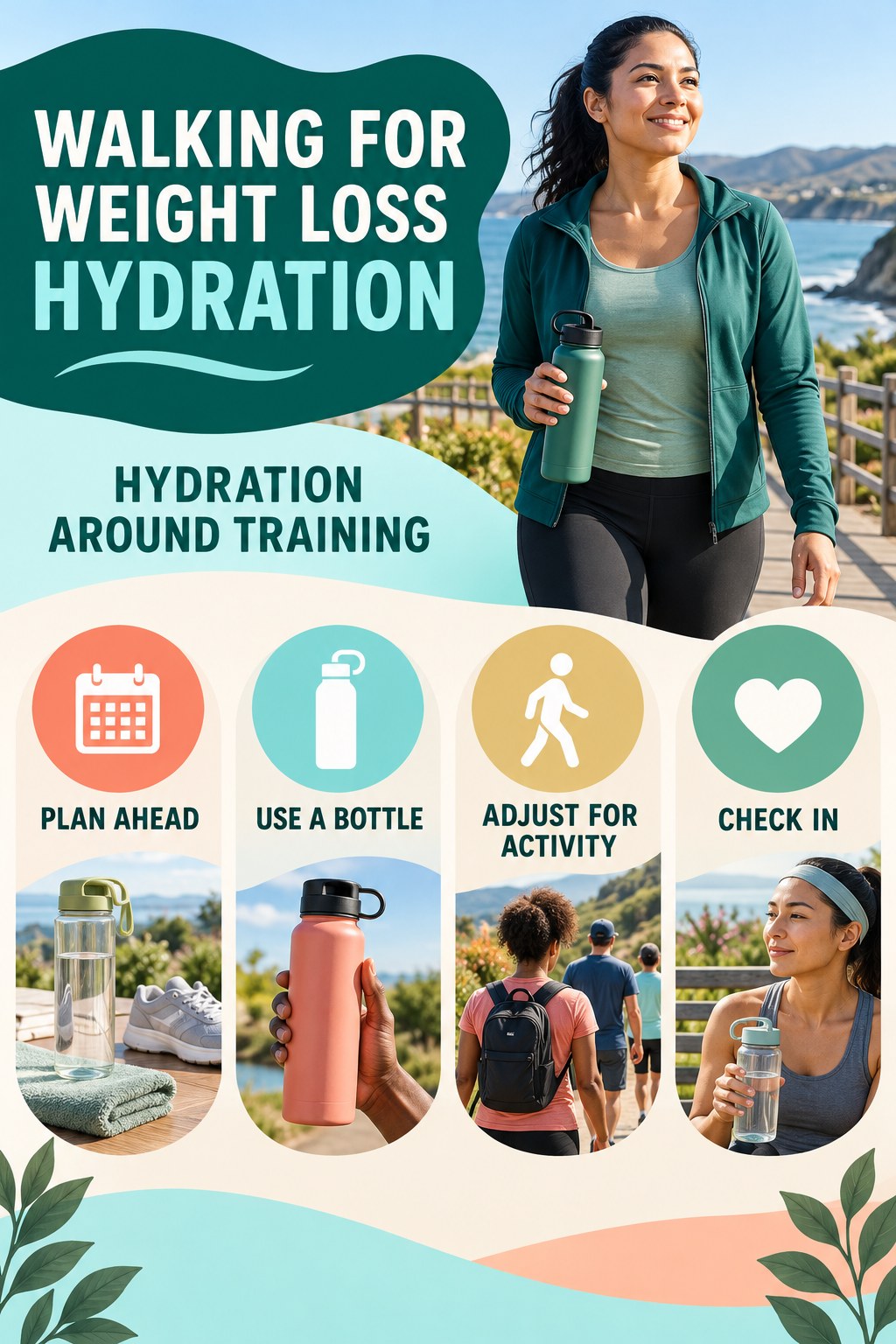 Walking for Weight Loss hydration graphic titled Hydration Around Training with four flexible water-habit prompts and no fixed intake target.