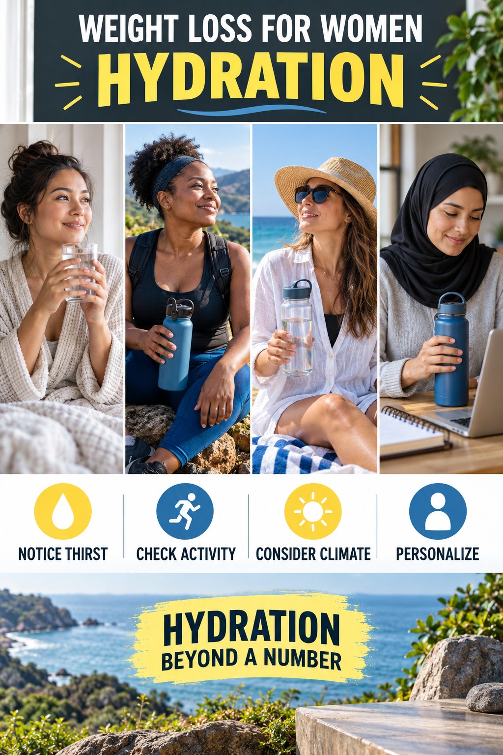 Weight Loss for Women hydration graphic titled Hydration Beyond a Number with four flexible water-habit prompts and no fixed intake target.