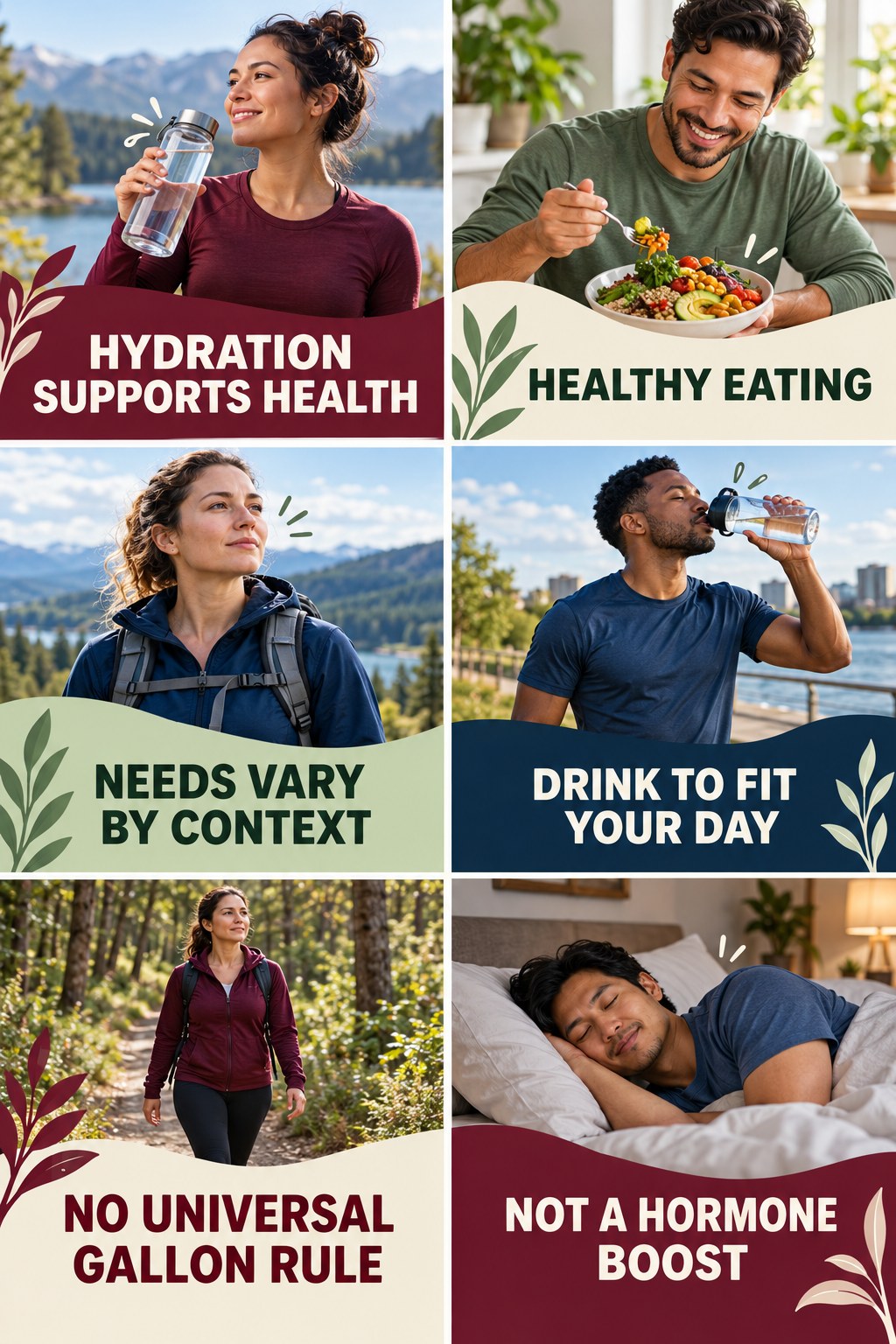 Hydration Supports Health, Not Hormone Boosting natural-energy and hormone-health-literacy infographic for Healthy Eating with four practical checks.