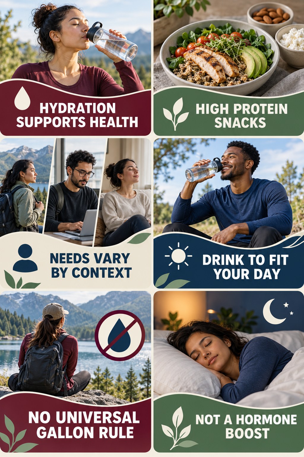 Hydration Supports Health, Not Hormone Boosting natural-energy and hormone-health-literacy infographic for High Protein Snacks with four practical checks.