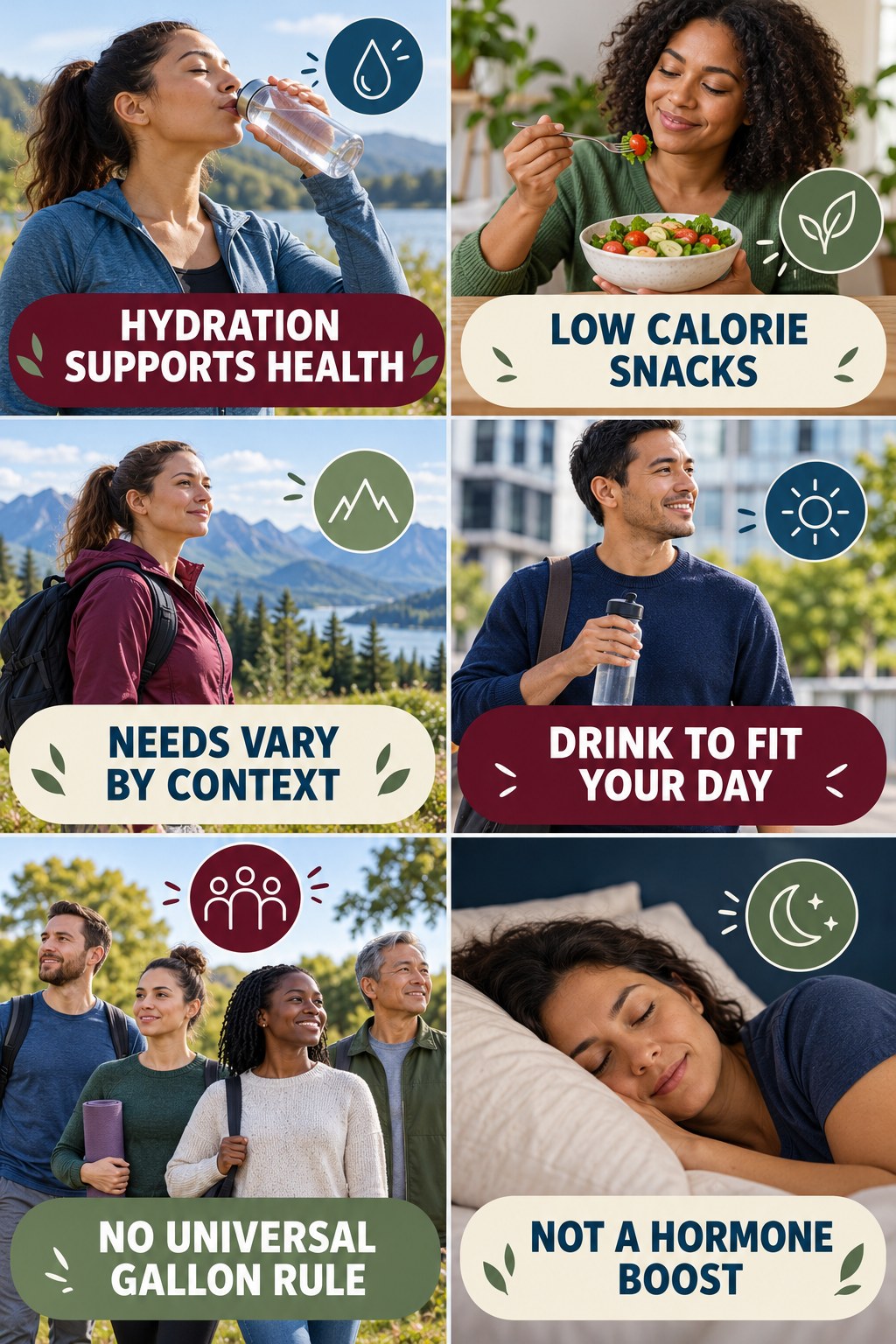 Hydration Supports Health, Not Hormone Boosting natural-energy and hormone-health-literacy infographic for Low Calorie Snacks with four practical checks.