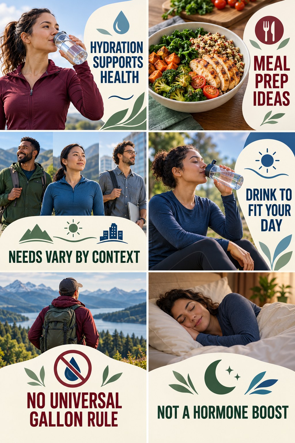 Hydration Supports Health, Not Hormone Boosting natural-energy and hormone-health-literacy infographic for Meal Prep Ideas with four practical checks.