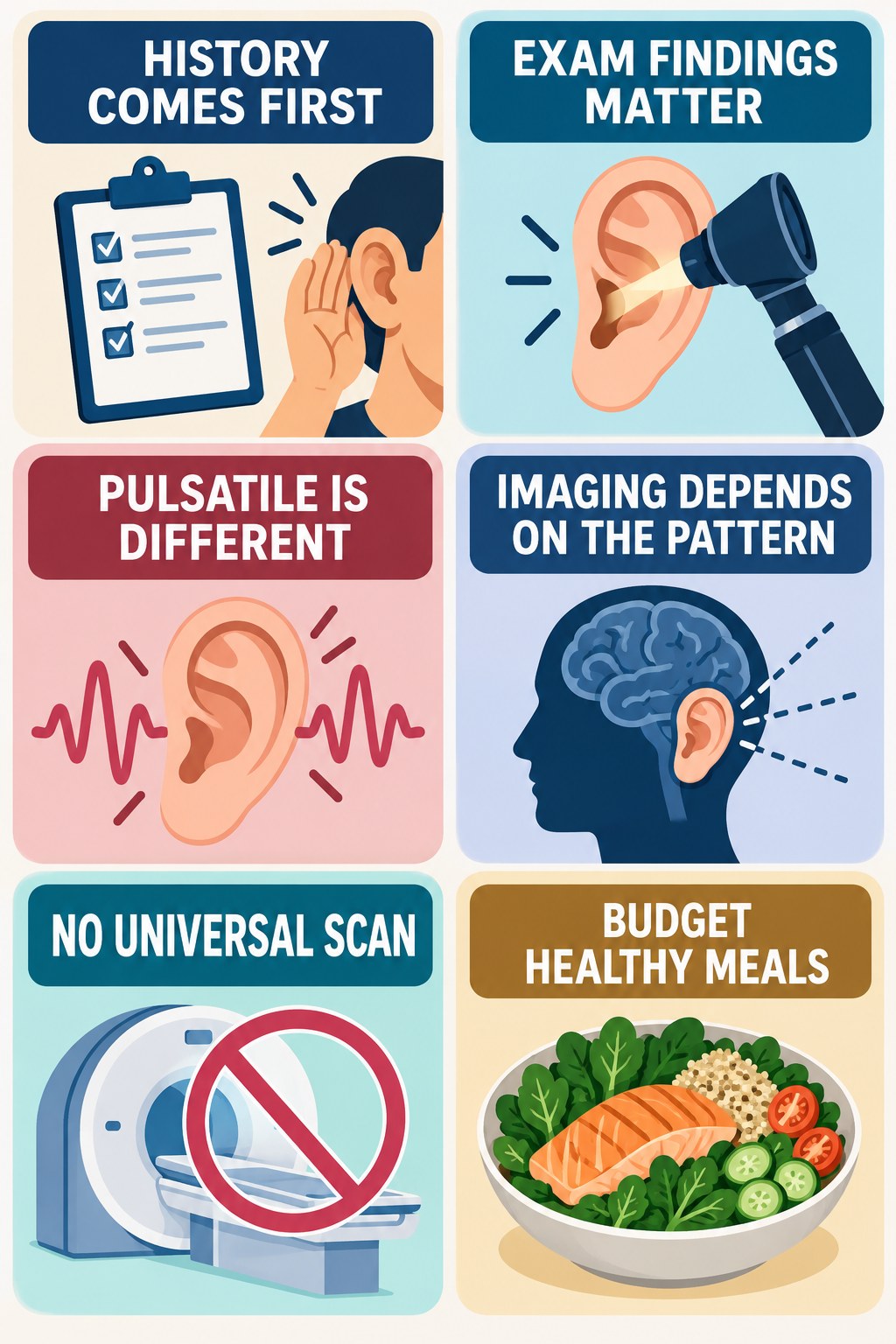 Imaging Decisions for Tinnitus infographic for Budget Healthy Meals with four concise evaluation-guidance points.