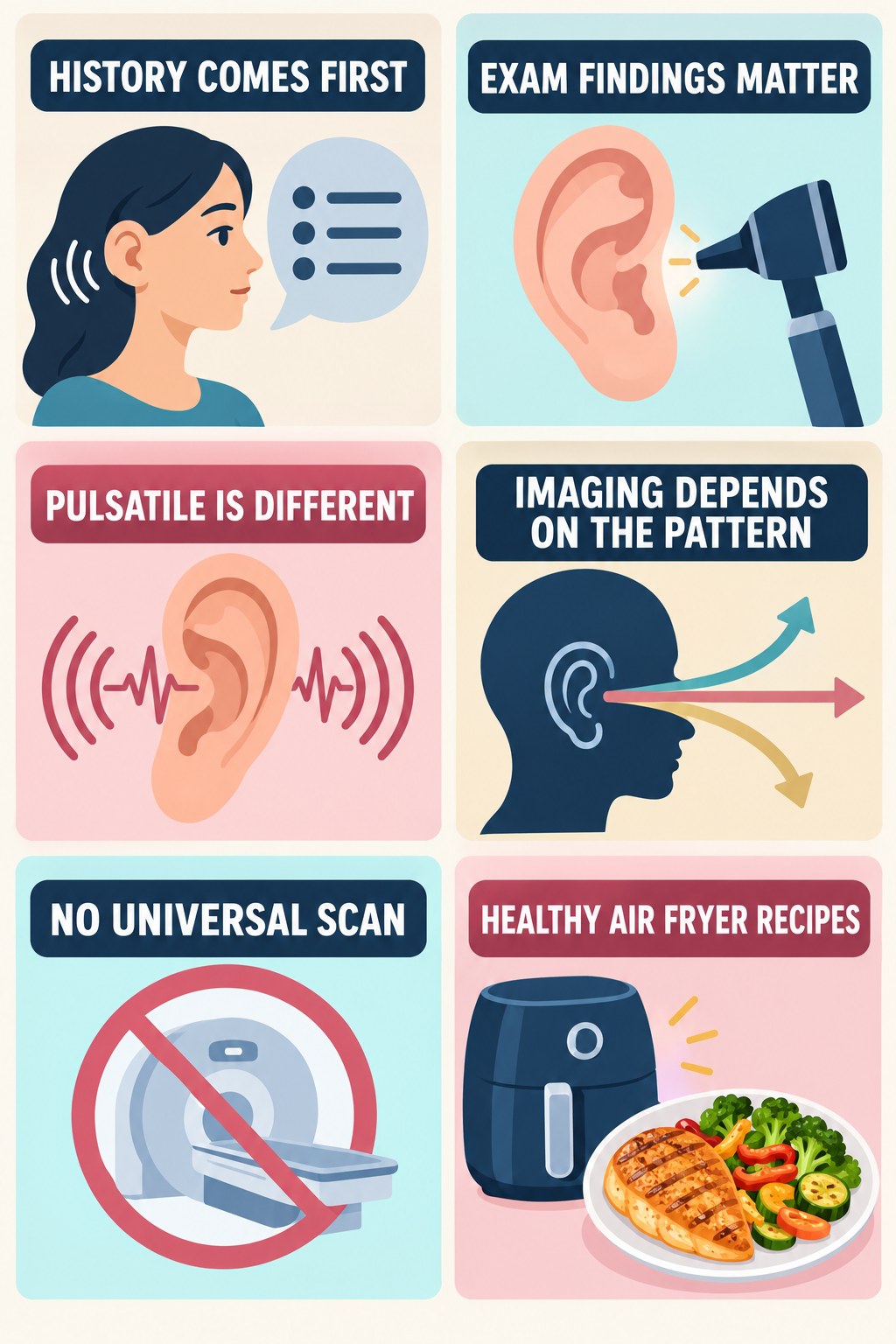 Imaging Decisions for Tinnitus infographic for Healthy Air Fryer Recipes with four concise evaluation-guidance points.