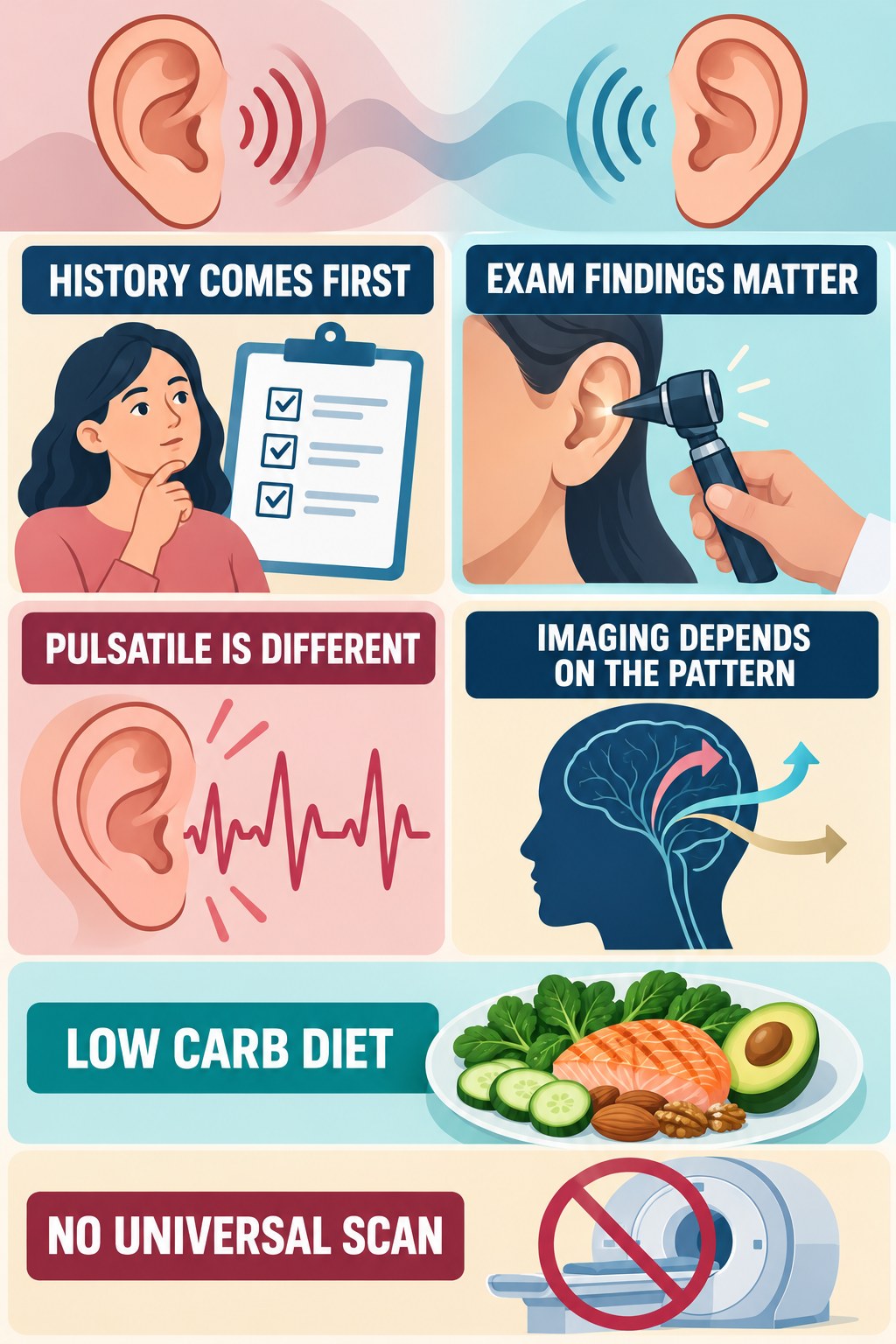 Imaging Decisions for Tinnitus infographic for Low Carb Diet with four concise evaluation-guidance points.
