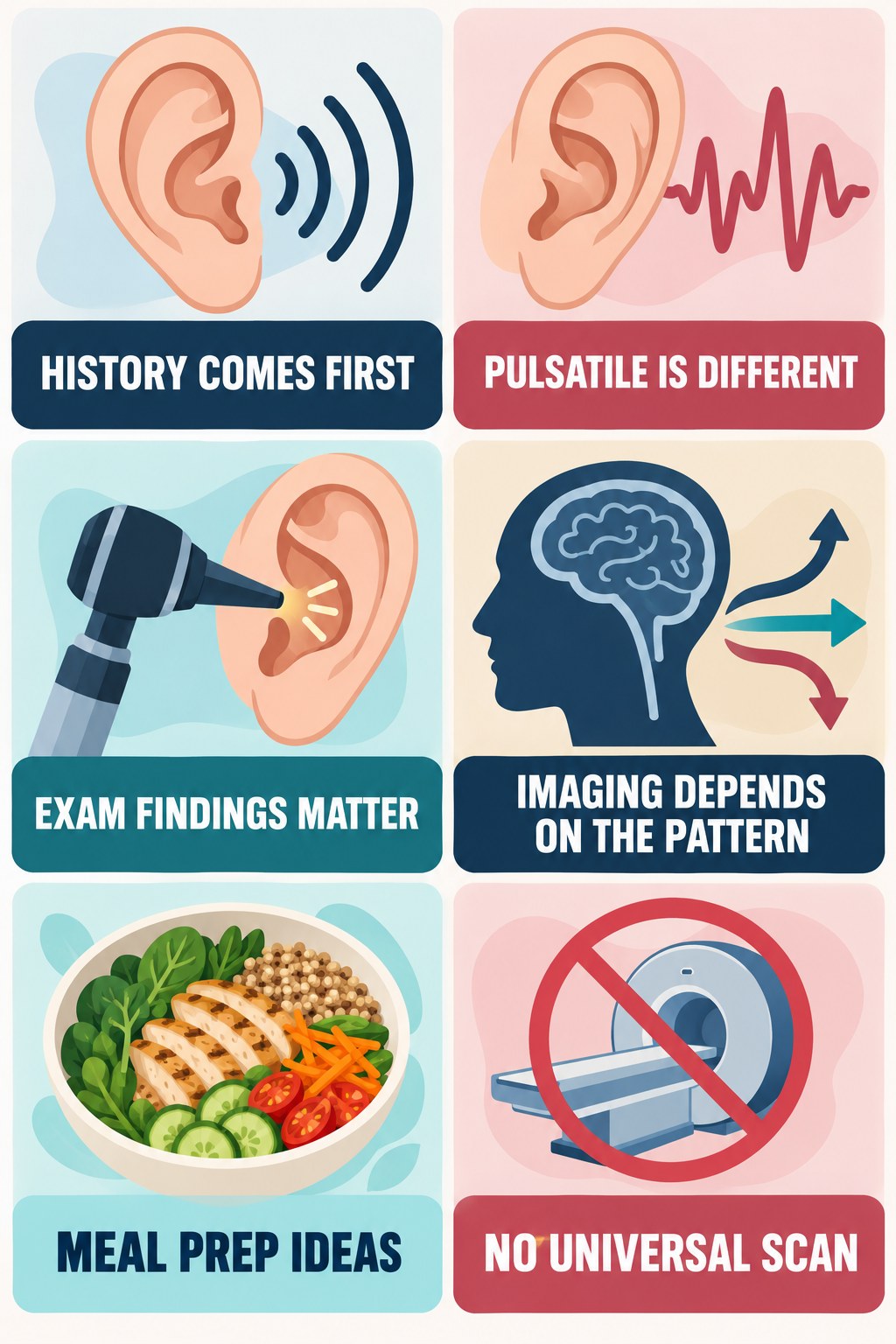 Imaging Decisions for Tinnitus infographic for Meal Prep Ideas with four concise evaluation-guidance points.