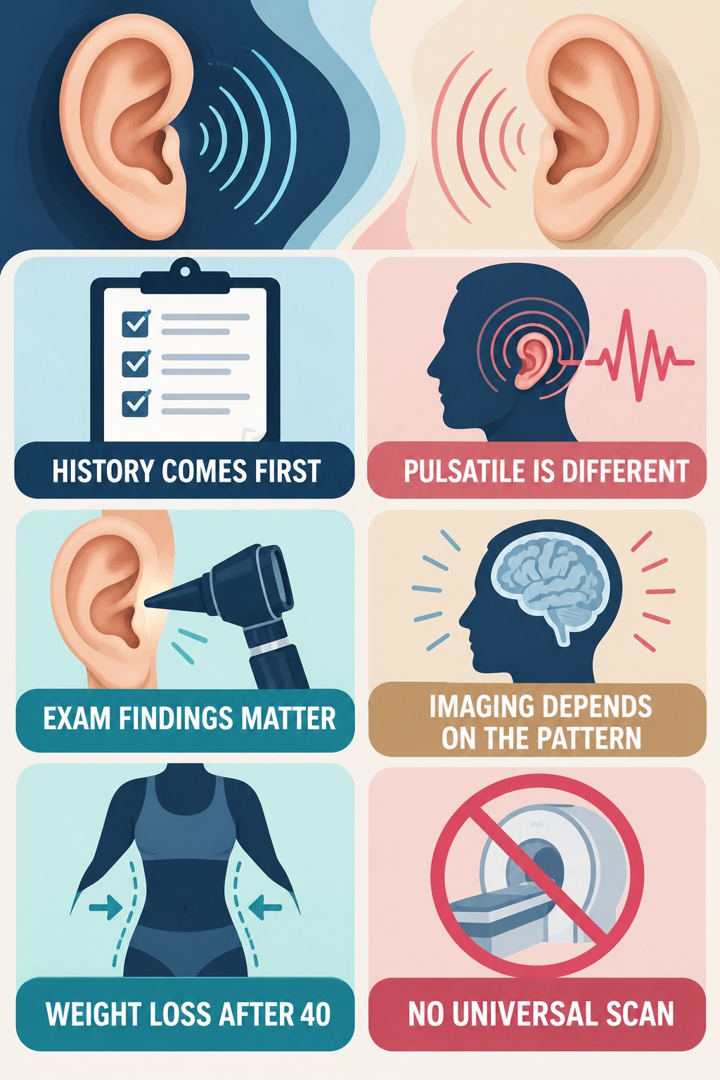 Imaging Decisions for Tinnitus infographic for Weight Loss After 40 with four concise evaluation-guidance points.