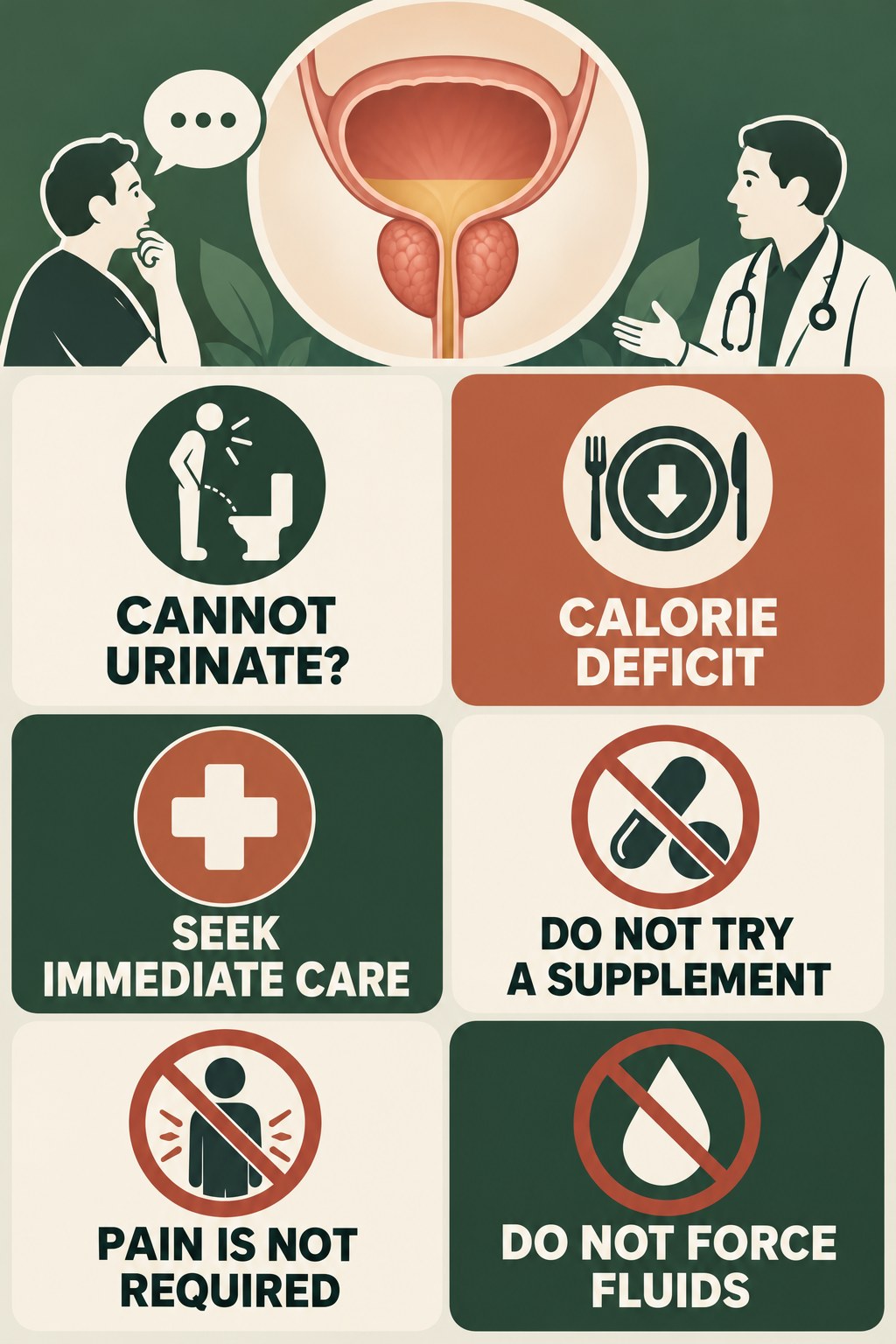 Inability to Urinate Needs Immediate Care infographic for Calorie Deficit with four concise prostate-health awareness points.
