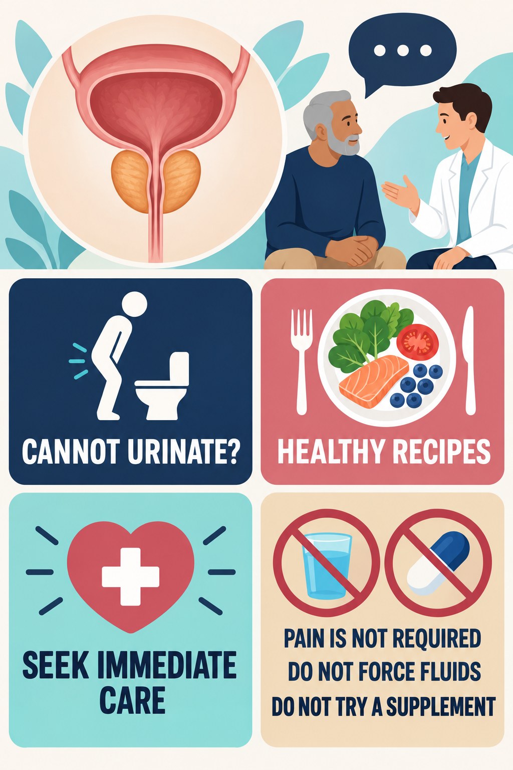 Inability to Urinate Needs Immediate Care infographic for Healthy Recipes with four concise prostate-health awareness points.